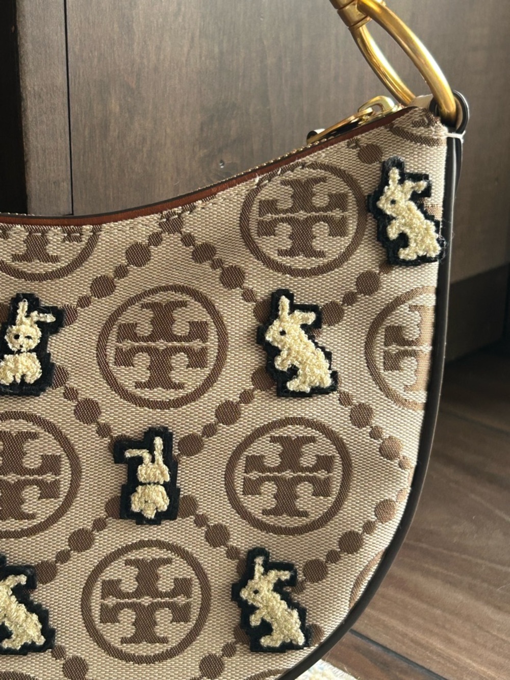 Tory Burch Monogram Embroidered Rabbit Crescent Bag - Picture 2 of 13